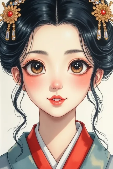 A close-up of a beautiful middle-aged Japanese woman dressed as a princess from the Edo period. The focus is on her face, capturing her elegance and grace. The watercolor style features no white, emphasizing transparency, color bleeding, smooth gradients, ...