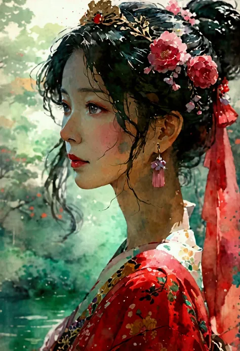 A close-up of a beautiful middle-aged Japanese woman dressed as a princess from the Edo period. The focus is on her face, capturing her elegance and grace. The watercolor style features no white, emphasizing transparency, color bleeding, smooth gradients, ...