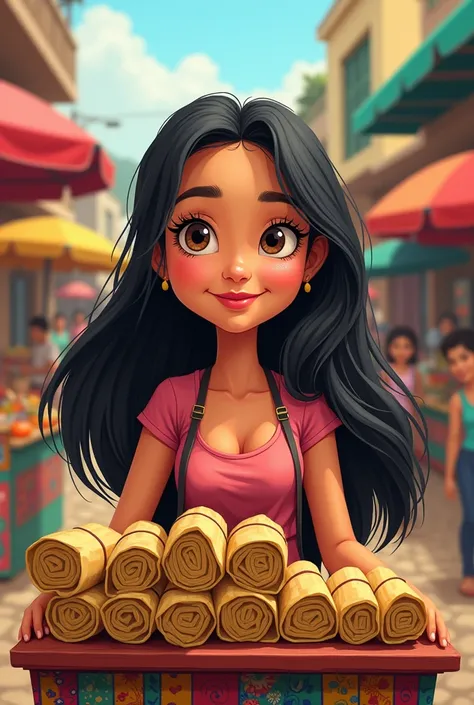 A short lady in a cartoon,A woman with long, straight hair selling Colombian tamales  