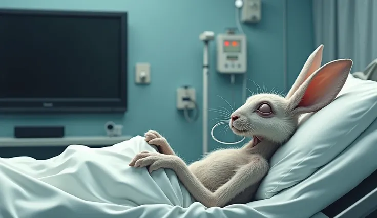 Rocky Rabbit, female, old, sick, lying on a hospital bed with closed eyes, artificial oxygen in his mouth, facing a large television on the wall