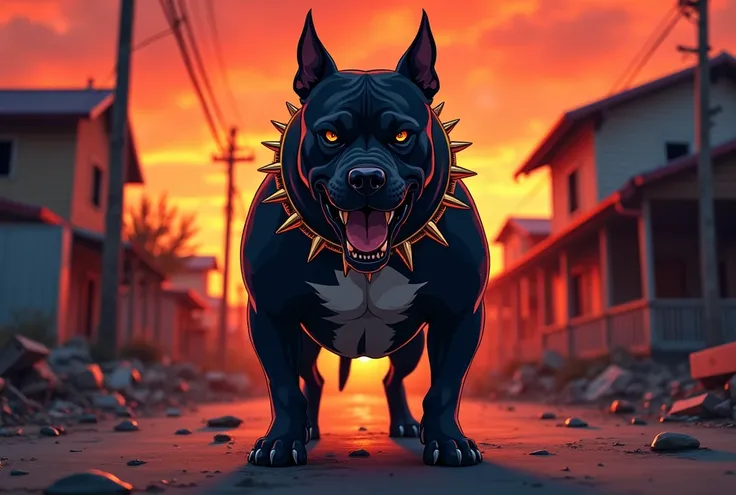 POSTER with a text: “cahorro loko”, | A anime black pitbull with a fierce expression, standing in the middle of a street at sunset. The POV shot highlights the dogs muscular build, wearing a punk-style spiked collar, emphasizing its powerful presence. The ...