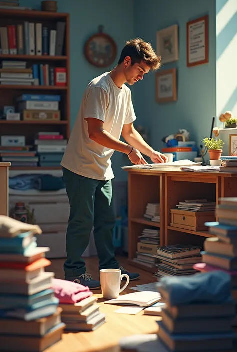 College guy organizing his room 