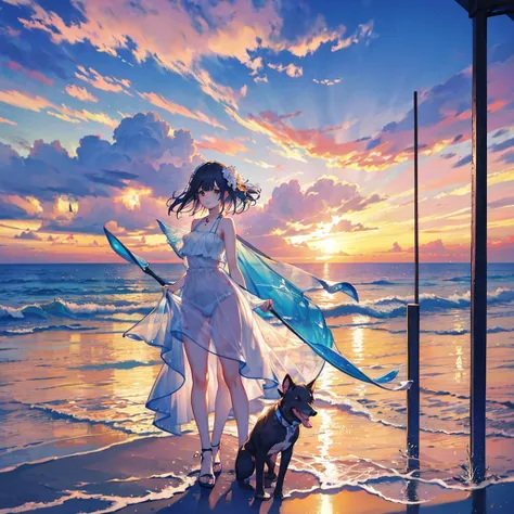 Beautiful woman,clear,Swimwear,Sunset,sunset,evening,Seaside,Standing,Fleeting,so beautiful,Fantasy,Like a dream,With dog,Cute big dog