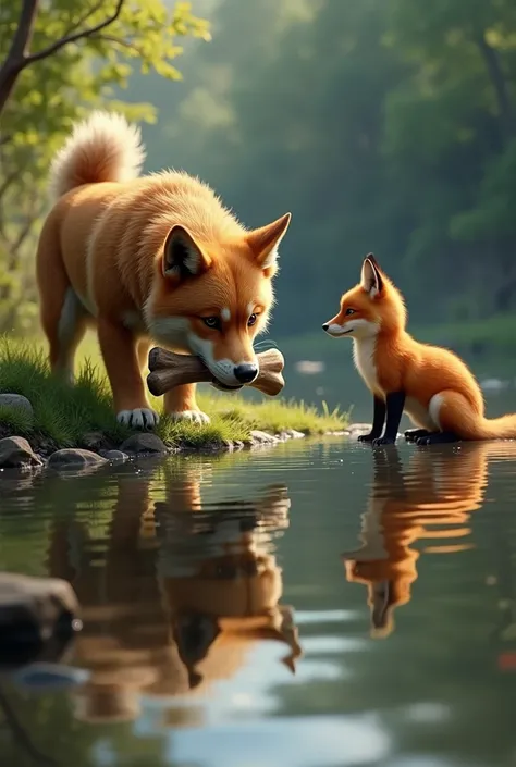 A dog with a bone in his mouth and a fox near a river, with the dog with a bone in his mouth looking into the water at its reflection and the fox watching.