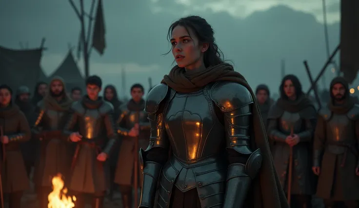 Create a cinematic and darkly evocative scene of Joan of Arc, either in a moment of deep reflection or delivering an impassioned speech to her followers, reminiscent of Edmund Blair Leightons style. The setting is a dimly lit medieval encampment at twiligh...