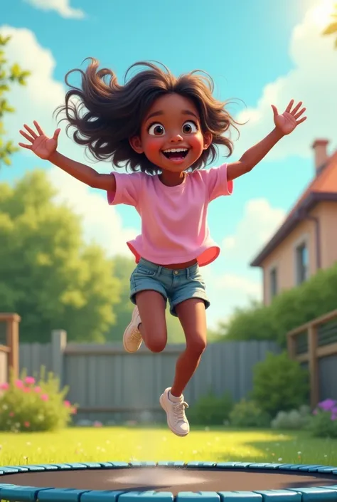 Girl jumping on a trampoline with shorts and a pastel pink blouse with loose hair and dark skin 