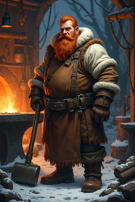 male dwarf, smith, red hair, leather appron, hammer, looks little tired, winter clothes