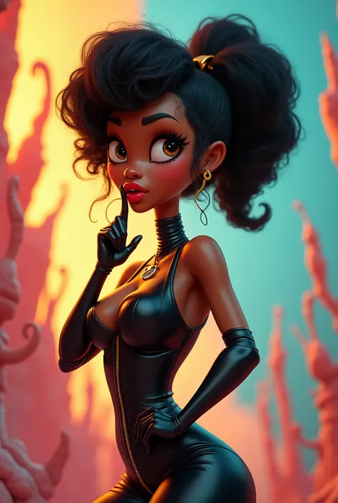 4D cartoon of A brown skinned busty slim woman with  black 4C tight curly hair wearing latex gesturing shhh 🤫 with her index finger over her lips 