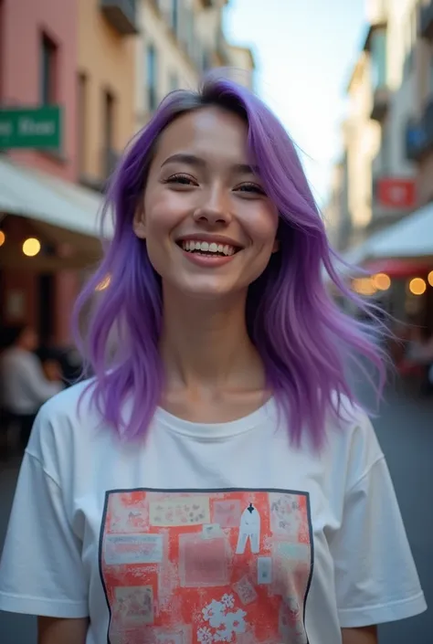 street photography photo of a young woman with purple hair, smile, happy, cute t-shirt. 