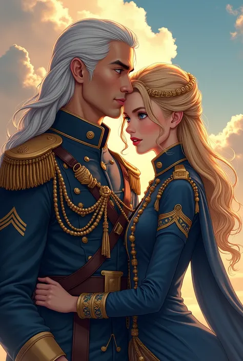 Wattpad Cover Dedicated to Novel by Impossibly Beautiful Young Femme Fatale, Incredibly beautiful blonde, Princess of Venus and General of the Earth Army, At all, Beautiful, stately, masculine mature man with long straight platinum hair. anime style.