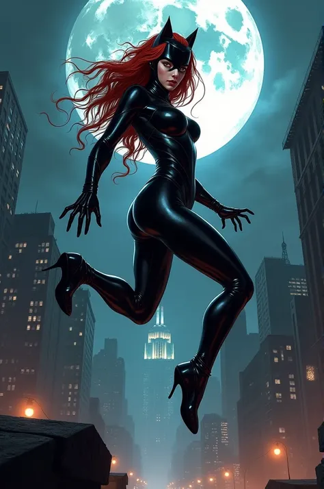 An attractive young woman with fair skin and light red hair, far away, light brown eyes (Masterpiece artwork、4k resolution、A hyper-realistic、highy detailed)、(Black superhero theme、charisma、There&#39;s a girl dressed as Catwoman above the city、she is a supe...