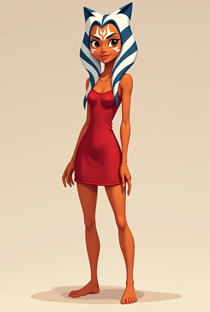 Cartoon accurate ahsoka standing barefoot wearing a short red sleeveless nightgown chemise that ends at her hips.