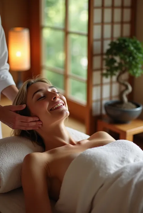 A Northern European tourist, with fair skin and light hair, lying comfortably on their back atop a traditional Japanese futon. The serene and satisfied expression on their face is a testament to the relaxing experience they are having. The room is adorned ...