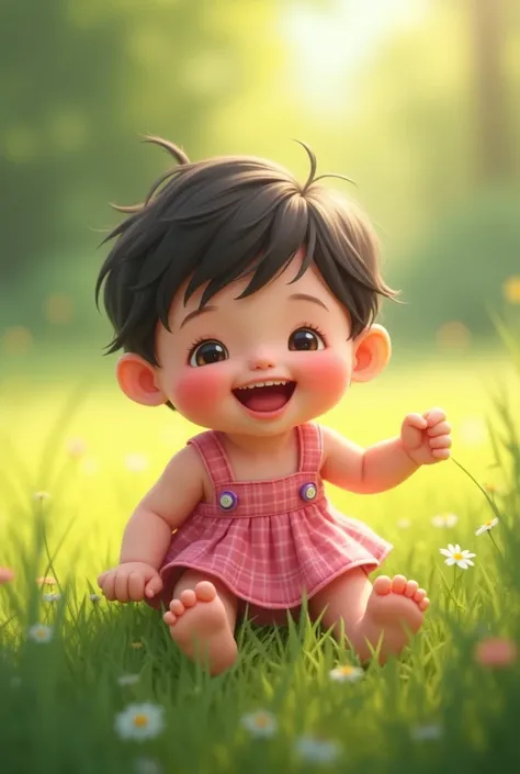 Baby playing in the grass with a pink plaid dress with short hair and dark, chubby skin