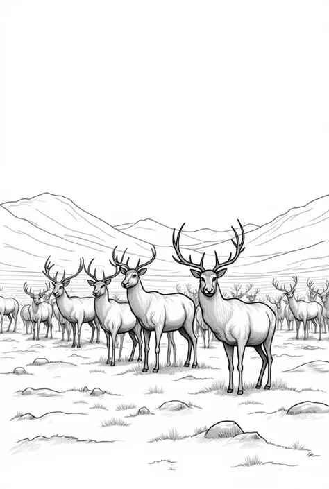 Caribou herd on the artic tundra line drawing, coloring book, black and white outline drawing, more intricate with details and rolling hills 
