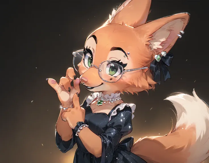 score_9, score_8_up, score_7_up, 2D art, digital art, Diane_Foxington, black eyebrows, silver piercings on eyebrow, fox tail, 4 fingers, black lipstick, emerald eyes, ginger fur, dusty-pink nose, glasses, dress, cute, by diives