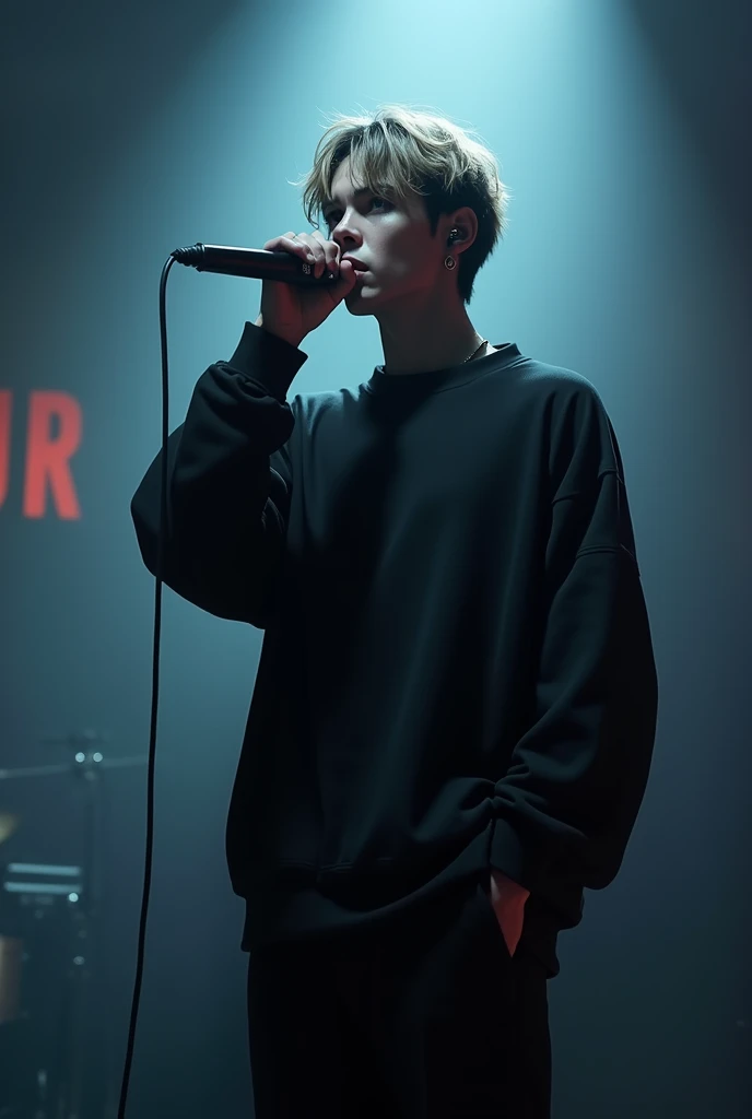 Dark-haired man with short blonde hair and black highlights,loose sweatshirt ,Goth,with microphone in hand singing