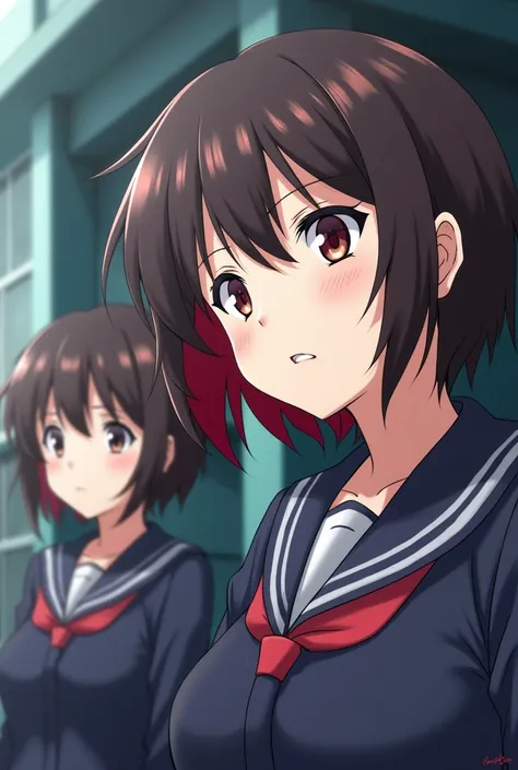 Screenshot of UA short haired girls with red highlights and bangs and UA uniform with serious expression