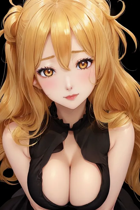 1 beautiful girl, golden hair, gold eyes, with an anime face, large breasts, cleavage, sexy, submissive, arms behind back, black background,
