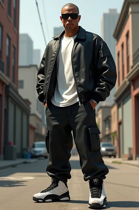 Create me a picture where rapper Eazy E appears wearing Jordan 13 sneakers