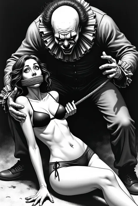 Create a comic book page, in black and white, Terror, gore, with a beautiful woman, lingerie, orders, GAGGED, sendo ameaçada por um monstruoso palhaço murderous. HE HAS A ROPE IN HIS HANDS AND IS GOING TO HANG HER. It&#39;s wicked., frightful, big fit ass,...