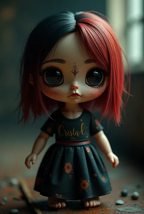 Mexican doll, short hair dyed between black and reddish and that one side says Cristal