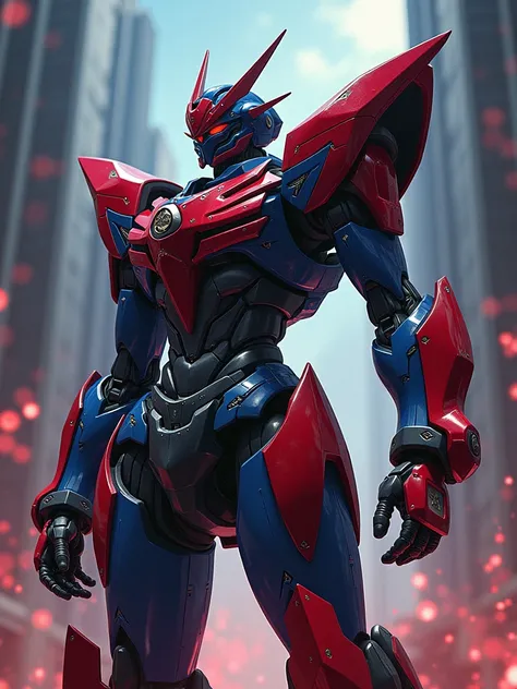 Create a highly detailed illustration of a mecha robot in the style of Code Geasss Knightmare Frames, blending elements of Brazilian imperial aesthetics. The mecha should have a sleek and powerful design, combining vibrant red and blue colors to represent ...