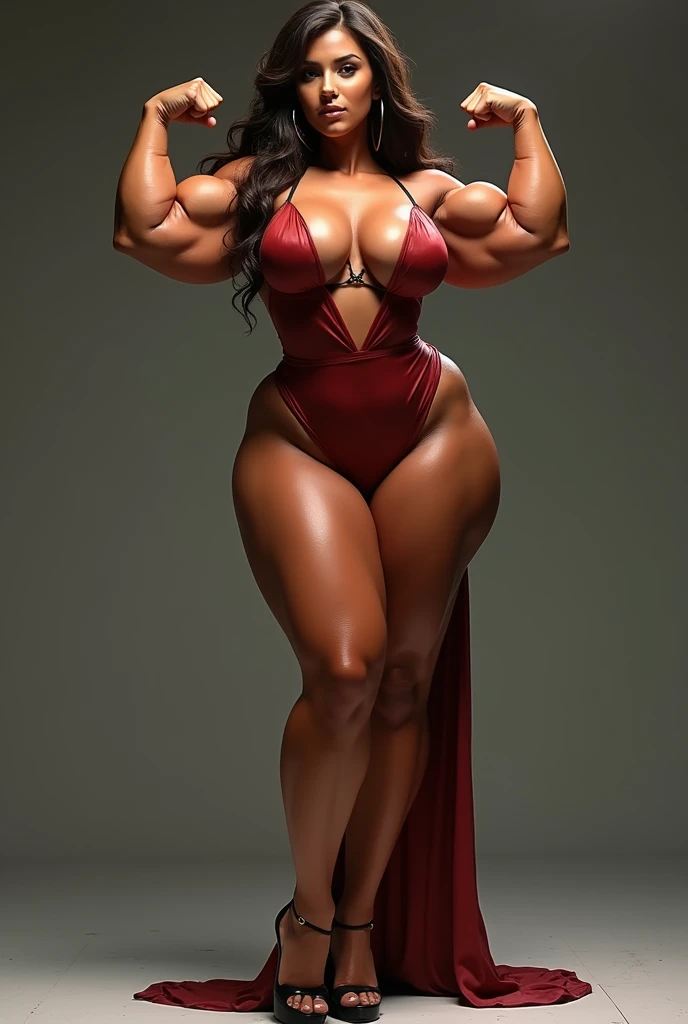 Sexy insanely hot and gorgeous curvy dense muscle girl flexing huge lean hard biceps, very tan taut skin, sexy pose, wearing revealing dress with high heels