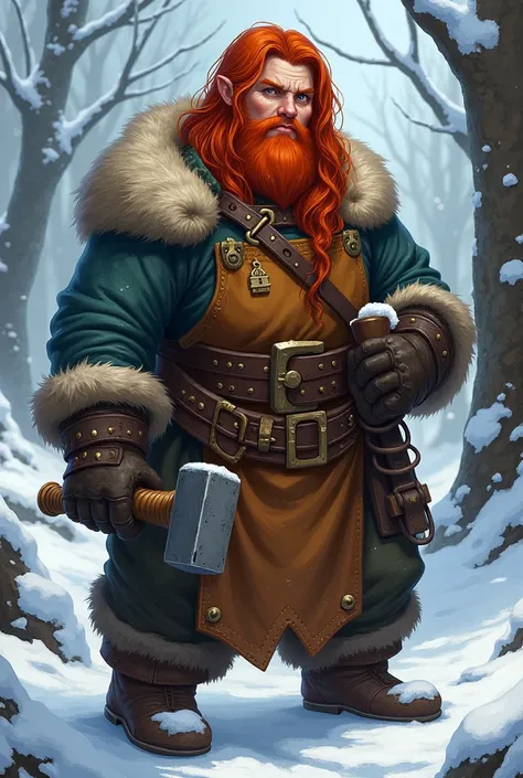 female dwarf, trader, red hair, leather appron, hammer, winter clothes, without beard