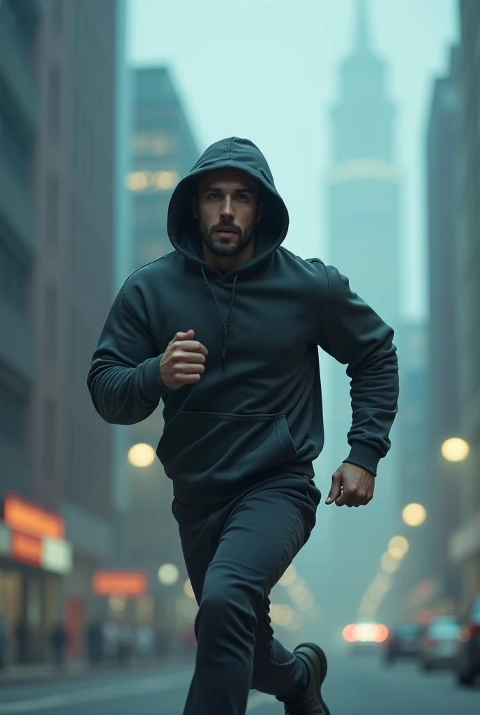 a man in a hooded sweatshirt running at dawn, detailed portrait,realistic,high-quality,photorealistic,cinematic lighting,dramatic shadows,moody atmosphere,cold tones,fog,mist,dramatic pose,athletic body,dynamic movement,urban landscape,skyscrapers in the b...