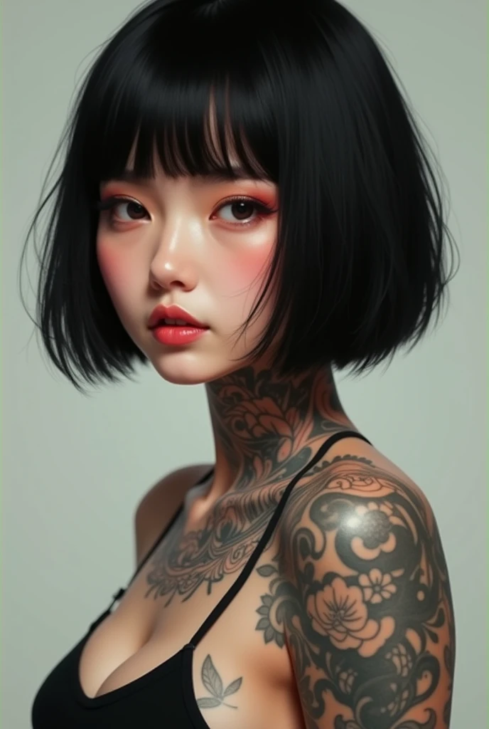 2, round face slanted eyes black bob hair flower tattoo on neck and left arm all tattooed 