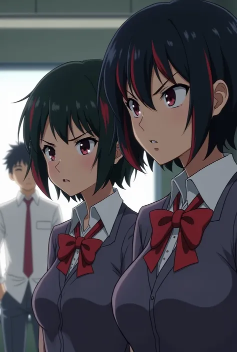 Screenshot of UA short haired girls with red highlights and bangs and UA uniform with serious expression and with Bakugo