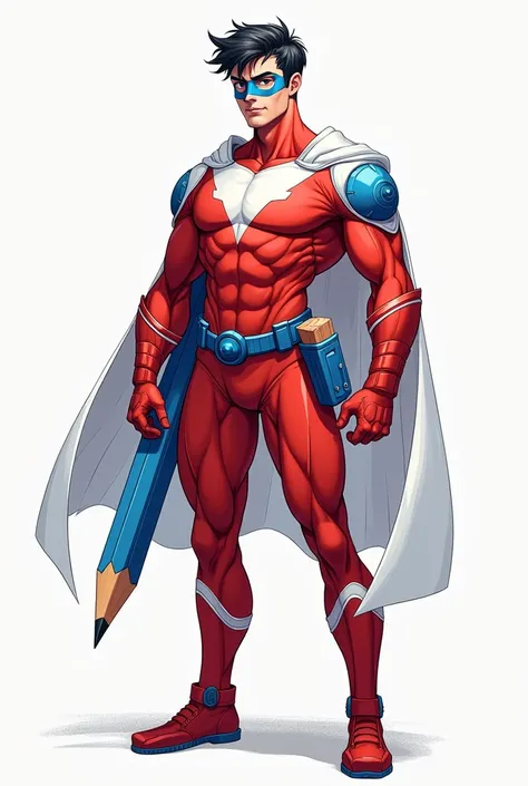 Create a  superhero, with a creative appearance. Ele tem pele clara, dark hair and wears a red outfit with white and blue details. The blue mask covers his eyes and forehead. Seu traje, consisting of a long-sleeved t-shirt and fitted pants, is adorned with...