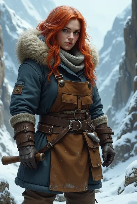 female dwarf, trader, red hair, leather appron, hammer, winter clothes, woman