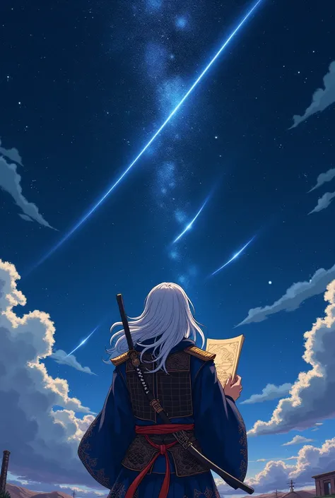 Make an anime character from behind, looking up at a starry sky as shooting stars pass by, wearing an epic samurai outfit, and with a katana on his back, white hair and is holding a map