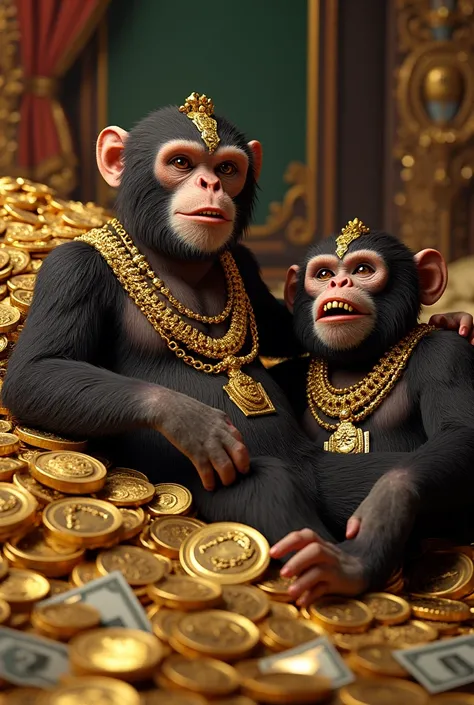 Rich monkeys, full of gold chains and teeth lying on the money 