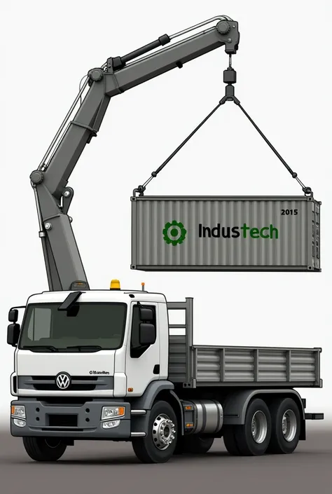 Volkswagen crane truck, with articulated arm, white with gray year 2015, with the side written INDUSTECH with green letters and a black gear behind it, hoisting a container written INDUSTECH 