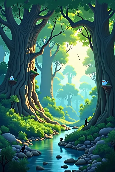 /imagine prompt: Viral anime nature wallpaper in 4K quality, in the style of digital illustration inspired by Hayao Miyazaki, featuring a serene forest with towering ancient trees, dappled sunlight filtering through the leaves, a gentle stream flowing thro...