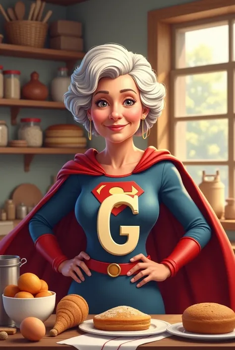 Logo for a bakery with a grandmother as a superhero, with a G in the middle
