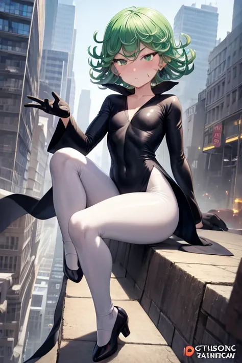 Masterpiece, best quality, ultra detailed, illustration, lighting epic, cinematic composition, 1 girl, Tatsumaki, short hair, green hair, very small breasts, green eyes, bright eyes, pouting, blushing, closed mouth, piercing gaze, full body, long beige tre...