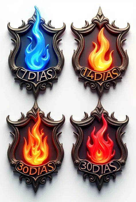 { "incite": "A detailed 3D rendering of four distinct emblems representing different LEVELS in a GAME. Each emblem is highly stylized and features the following: FLAME OF FIRE written in capital letters: "7DIAS", FLAME OF blue fire written "14DIAS", FLAME ...