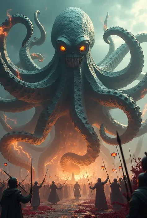 Colossal war god giant octopus face looking face many tentacles hand 8 carrying weapon spear sword lightning disc flame disc looking battle slaughtering royal people with sadistic lots of blood mixed flesh tanpak lightning mixed very large swirl wind high ...