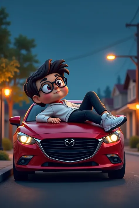 Funko pop young, with glasses, combed to the right, white air max sneakers, black jeans, white jacket, lying on Mazda 3 sedan 2017 red, small town at night in the background 