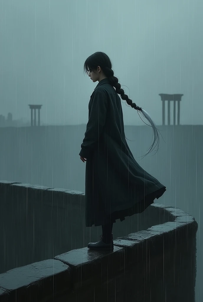 a woman of about 20 years old with her hair in a braid, the hair is white only at the ends, crossing a high parapet in the rain


