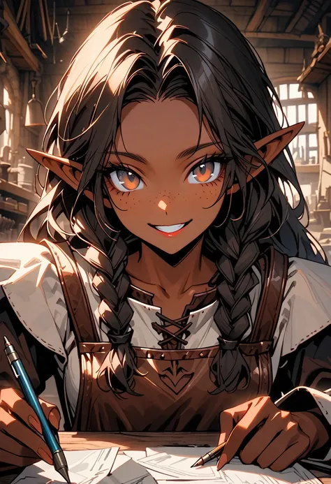 solo, female, close up, very short, broad shoulders, mischievous smile, long hair, braids, hazel eyes, pencil, paper, leather apron, freckles:1.3, dark tan skin, pointed ears, workshop, medieval shirt, dwarf, engineer