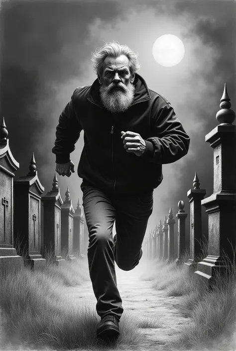 Pencil drawing, man 50 with 3 day beard . Dark background running at night on cemetery