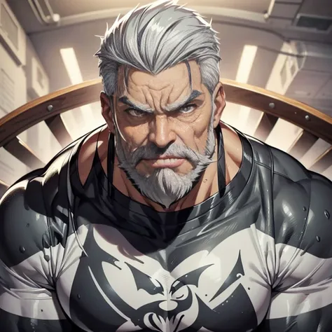 a muscular man, quiff hairstyle, gray hair, gray mustache, gray beard, venom symbiote, large white spider logo on symbiote, hand...