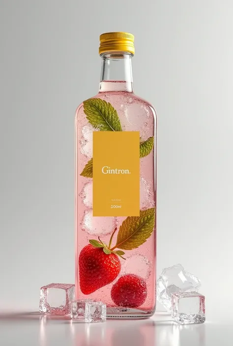 (photorealism:1.2), Gin and Tonic inside a rectangular, transparent, 500ml bottle, with a yellow screw cap. At the bottom of the bottle are infusions of hibiscus tea in ice shavings, which release small carbonated bubbles, mixed with the ingredients: straw...