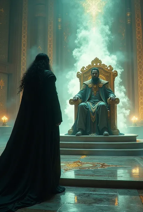 A man in a black robe with long hair talking to a king in resplendent robes seated on a throne of light