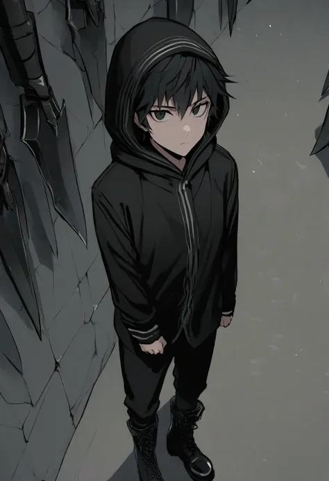 Sixteen year old boy black hair with white tips black eyes muscular body black pants with combat boots two curved knives a black jacket with a hood living in jujusu Kaiser 